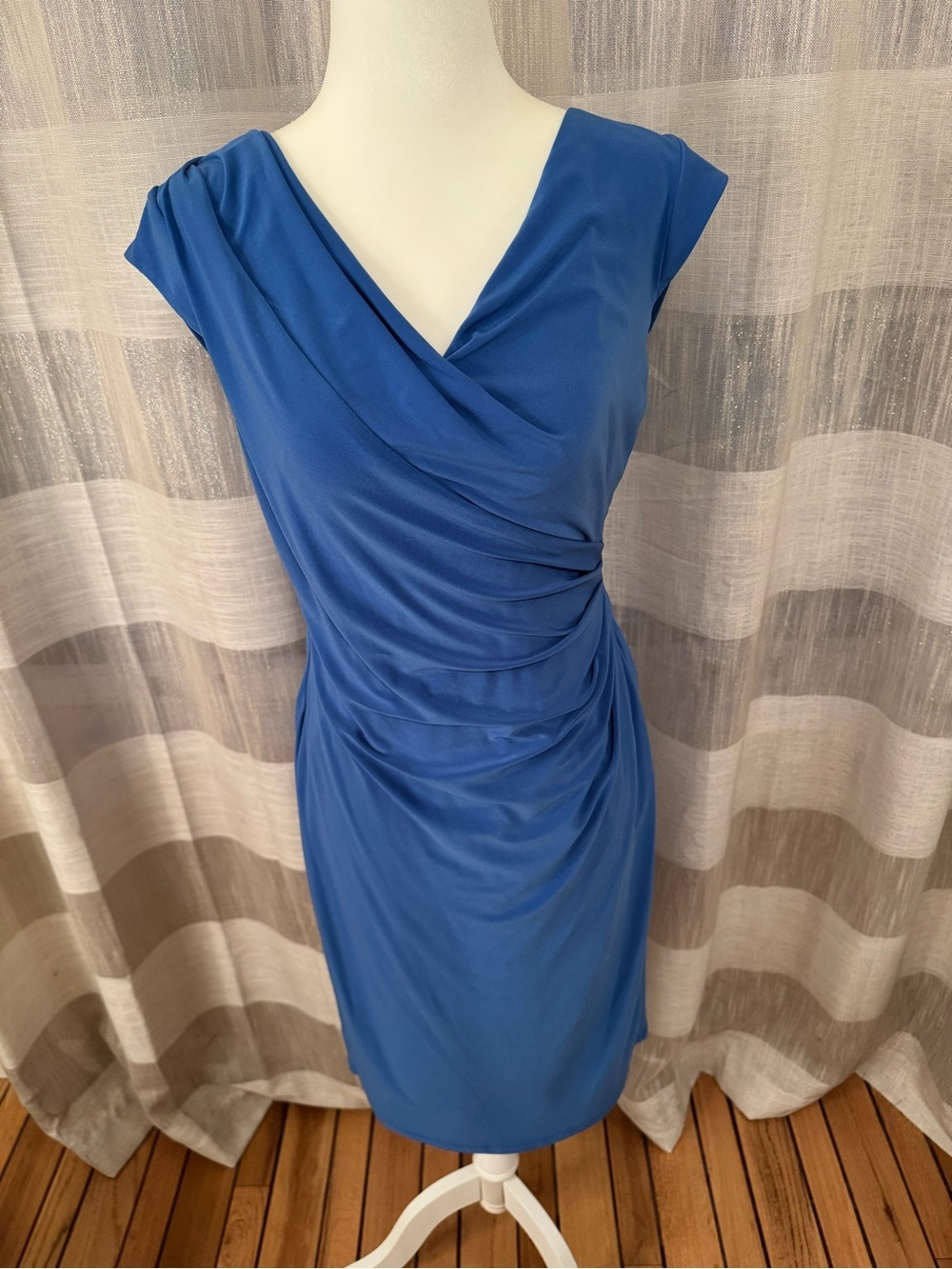 Lauren Ralph Lauren Royal Blue Ruched V-Neck Midi Dress